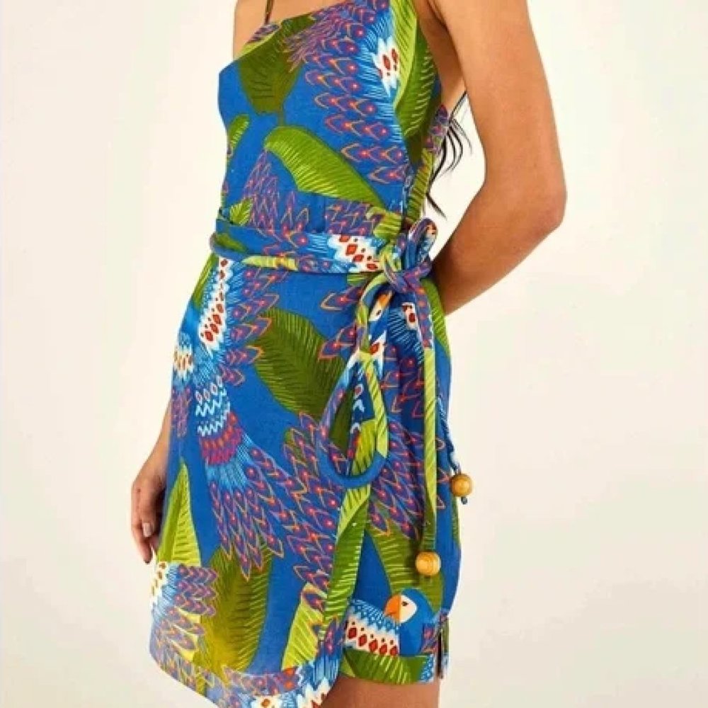 [Farm Rio] Blue Macaw Linen Wrap Mini Dress M